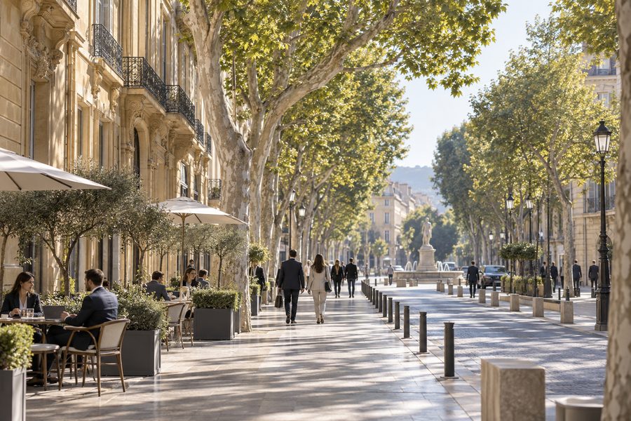 Cours Mirabeau a Aix au matin, platanes et facades